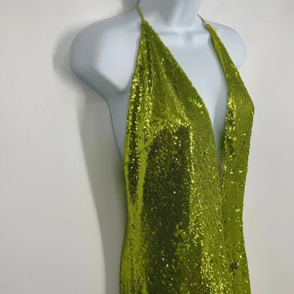 Halston Neon Kiara Green Sequin Deep V-Neck Slip Gown Floor Length Dress Size 10 - Picture 6 of 16